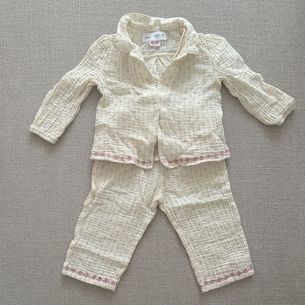 Baby Zara Cream Pajama Set with Pink Accents
